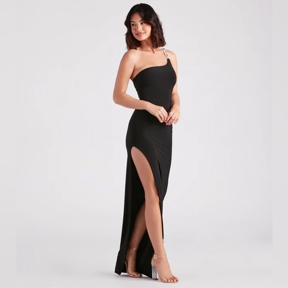 Windsor Black Slinky High Slit Evening Long Maxi Dress One Shoulder Size Small S - Picture 4 of 6